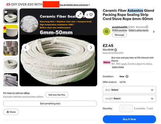 Some packing/seal described as "Asbestos" on sale on eBay.