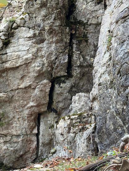 Eine Felswand mit eine vertikale Spalte 
A rock face with a vertical crack