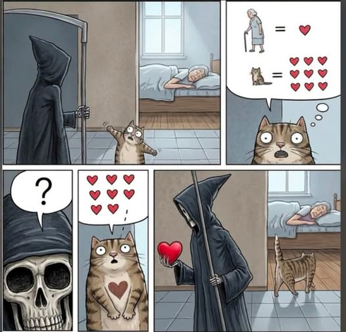 A multi-panel cartoon. 

The first frame shows the Grim Reaper approaching a bedroom where an elderly person lies sleeping. A tabby cat is outside the bedroom blocking the Reaper's path, wide eyed, standing on it's back legs and holding up a paw as if to say "stop!"

The second frame shows the cat pointing out to the Reaper (pictorially, not in words) that the elderly person has only one life, but that it, the cat, has nine. Lives, in the cat's communication, are represented by bright red hearts.

The third frame shows the Reaper's skeletal face with a question mark in a speech bubble. As if to say "so?"

The fourth frame shows the cat, earnest and wide-eyed, showing eight hearts to the Reaper; it is offering one of its lives.

The last frame shows the Reaper leaving, a bright red heart in its bony hand, as the cat walks back into the bedroom.