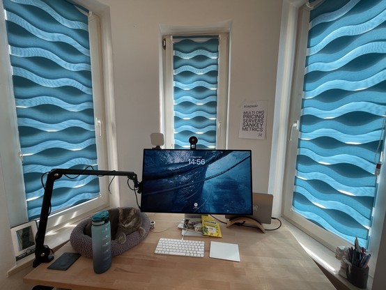 My desk with a water themed background image, surrounded by new curtains that are also water themed. Also a blue bottle next to my house seal, Mimi. 