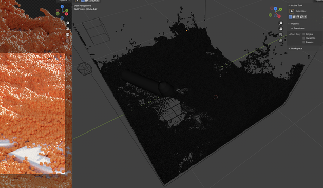 Screenshot of a blender fluid simulation seemingly coming out of a pipe shaped object
