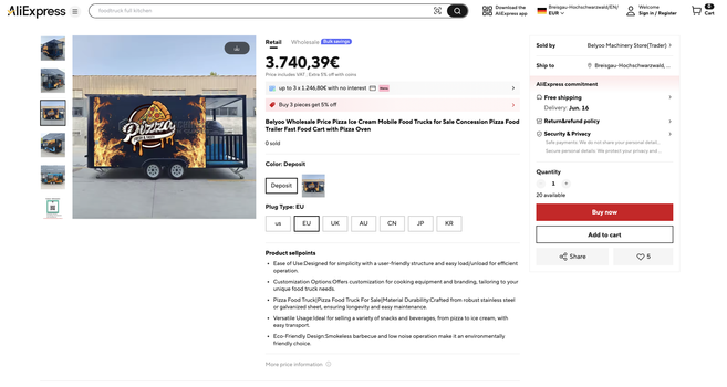 AliExpress Screenshot of an entire food truck for 3700 EUR.. Everything about it is ludicrous