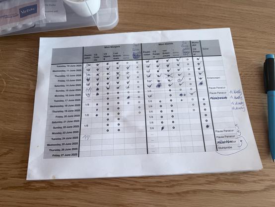Medicine plan with 7 different meds for stomach stuff, diarrhea, and a giardia parasites. Lots of crossed out entries, moved entries with likes, and hand written text show that this has changed a lot 