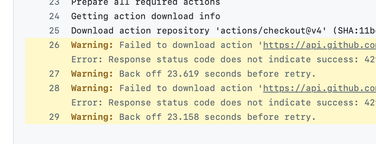 Github actions screenshot that indicated that GitHub actions can't load the code to checkout a repository