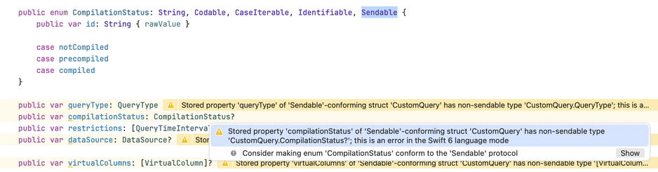 Xcode screenshot telling me I should make an Enum confirm to Sendable. Directly above: the enum marked as sendable