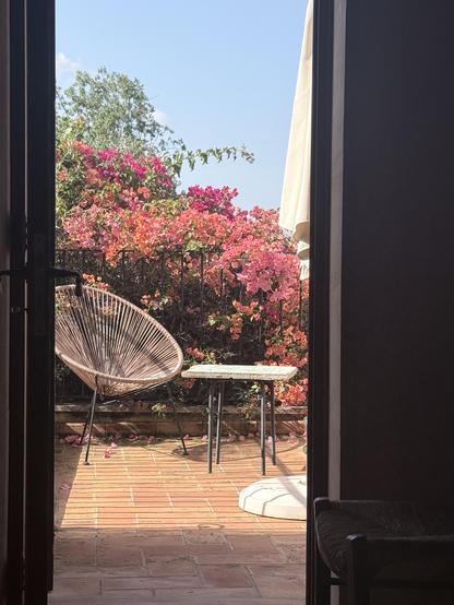 A balcony with red leaves 
