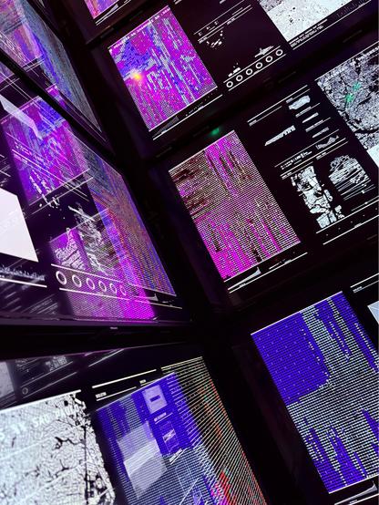 Screens with lots of illegible text in white on black