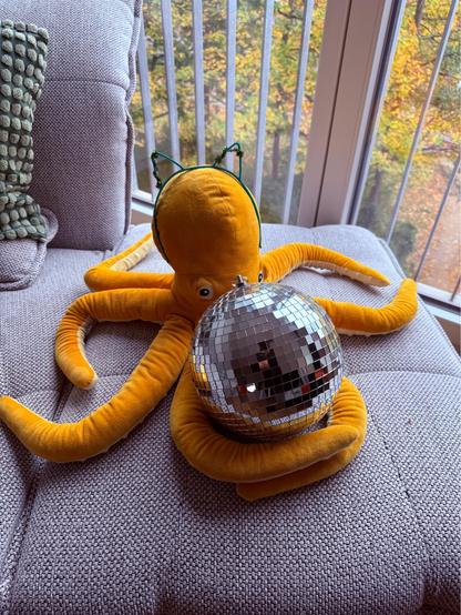 Oscar the octopus hugging their disco ball 