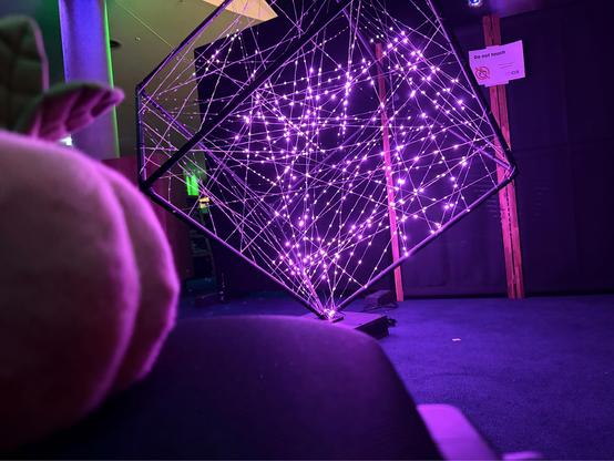 Peaches (a pink peach plushy) watching a large LED cube 