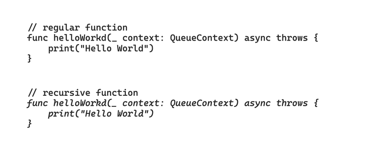 This is a visual joke. The image shows text of an example "hello world" coding function, once labelled a "regular function" and once labeled a "recursive function." However, the only difference is that the "recursive function" is written in cursive script.
