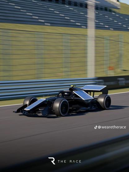 Rendered picture of a formula 1 race car with solar panels attached to the nose, engine cover, and rear wing 