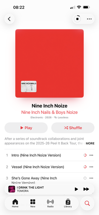 Apple Music screenshot with „Nine Inch Noize“ by „Nine Inch Nails and Boys Noize“. The album cover is just a fully red square