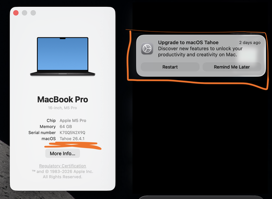 A notification asking me to upgrade to Tahoe, while I'm already running on Tahoe and have been for months