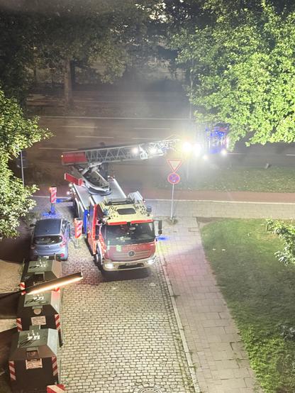 A fire engine with an extended ladder standing on front of my house. (It was cutting down tree branches that were hurt in the downpour)
