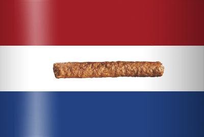 Fotomontage van een frikandel op de Nederlandse vlag.