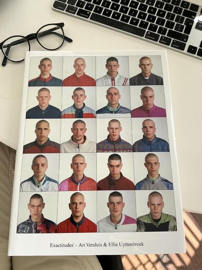Exactitude is een samentrekking van exact en attitude. Een exactitude betekent een fotoserie van 20 of 12 foto’s van mensen met exact dezelfde soort kleren in exact dezelfde houding. Hier de omslag met 20 kale gabbers (foto uit 1994)