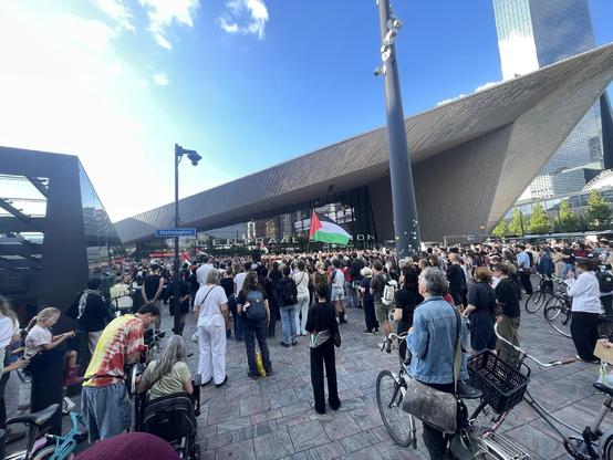 Een grote groep op het stationsplein in Rotterdam. Meerder Palestijnse vlaggen. Ik schat een paar duizend mensen.
