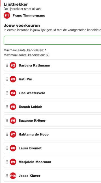 Volgorde van kandidaten. 1: Frans Timmermans. 2: Barbara Kathmann. 3: Kati Piri. 4: Lisa Westerveld. 5: Esmah Lahlah.

