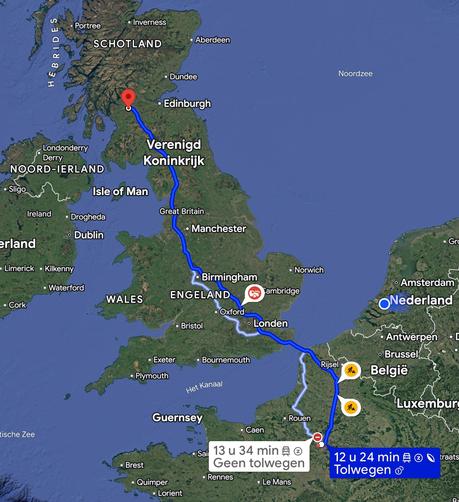 Google Maps screenshot with itinerary between Paris and Glasgow. Pure driving would take 12 hours 24 minutes, it says.