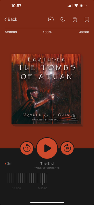 A screenshot of the audio book cover for the Tombs of Atuan showing the book finished.