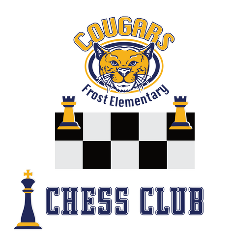 The logo for Frost Elementary including their name, the word Cougars, and a graphic of a cougar. There is also black and gray squares and some chess pieces. Then the word Chess club.