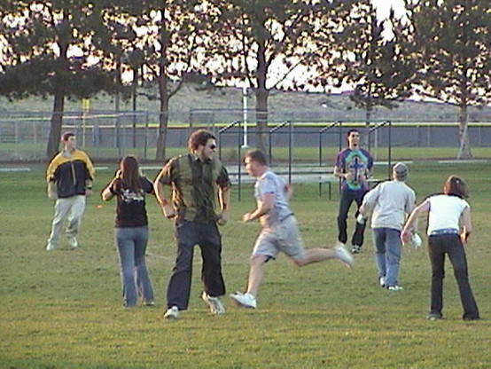 A photo of me and a group of friends playing ultimate frisbee from 2005