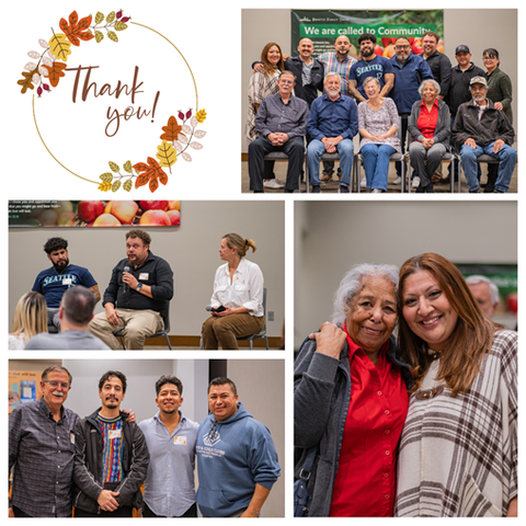 A collage of four photos and text styled similar to thanksgiving saying Thank You.  The photo on the upper right is me along with alumni, staff, and supports from Jubilee over the years, the second row is a photo with me speaking into a microphone with to people in a panel discussion. The other two photos include other people in attendence. 