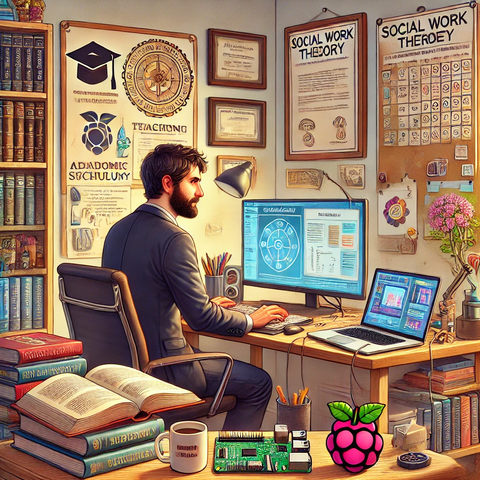 This is the generated alt description I asked for from the image. 

The image depicts a warm and inviting workspace reflecting a multi-faceted professional life. A person in their mid-30s to 40s with a scholarly and approachable demeanor is seated at a desk. The desk is cluttered with open books, papers, and a computer displaying an academic syllabus on one screen and a game development project on another. The background features framed certificates, a whiteboard with notes on social work theory and therapeutic techniques, and a bookshelf filled with books. To the side, there are teaching materials, a stack of rubrics, and a small tech corner with a Raspberry Pi setup and gadgets. The setting includes personal touches like a coffee cup and green plants, blending productivity with a sense of comfort.
