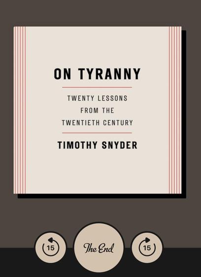 Audio book cover. 

ON TYRANNY
TWENTY LESSONS
FROM THE
TWENTIETH CENTURY
TIMOTHY SNYDER
