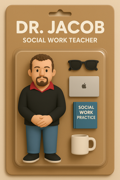 Image generated by ChatGPT with Dr Jacob social work teacher as an action figure and sunglasses, MacBook, textbook and coffee. 