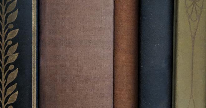 Close-up of several old books, pressed next to each other spine out like they&#39;re on a shelf, bound in canvas and with varying thicknesses and faded colors. No titles are visible, but the leftmost has a design resembling a tall stalk with alternating leaves and berries, and the rightmost has a design that could be leaves or dragonfly wings, one mostly visible at the top and the other barely visible at the bottom.