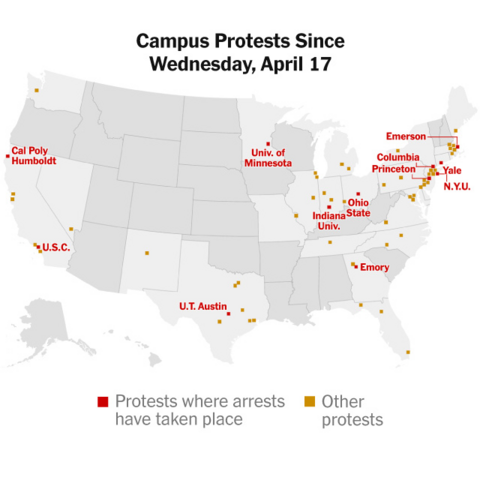 map of university protests across the US since April 17th