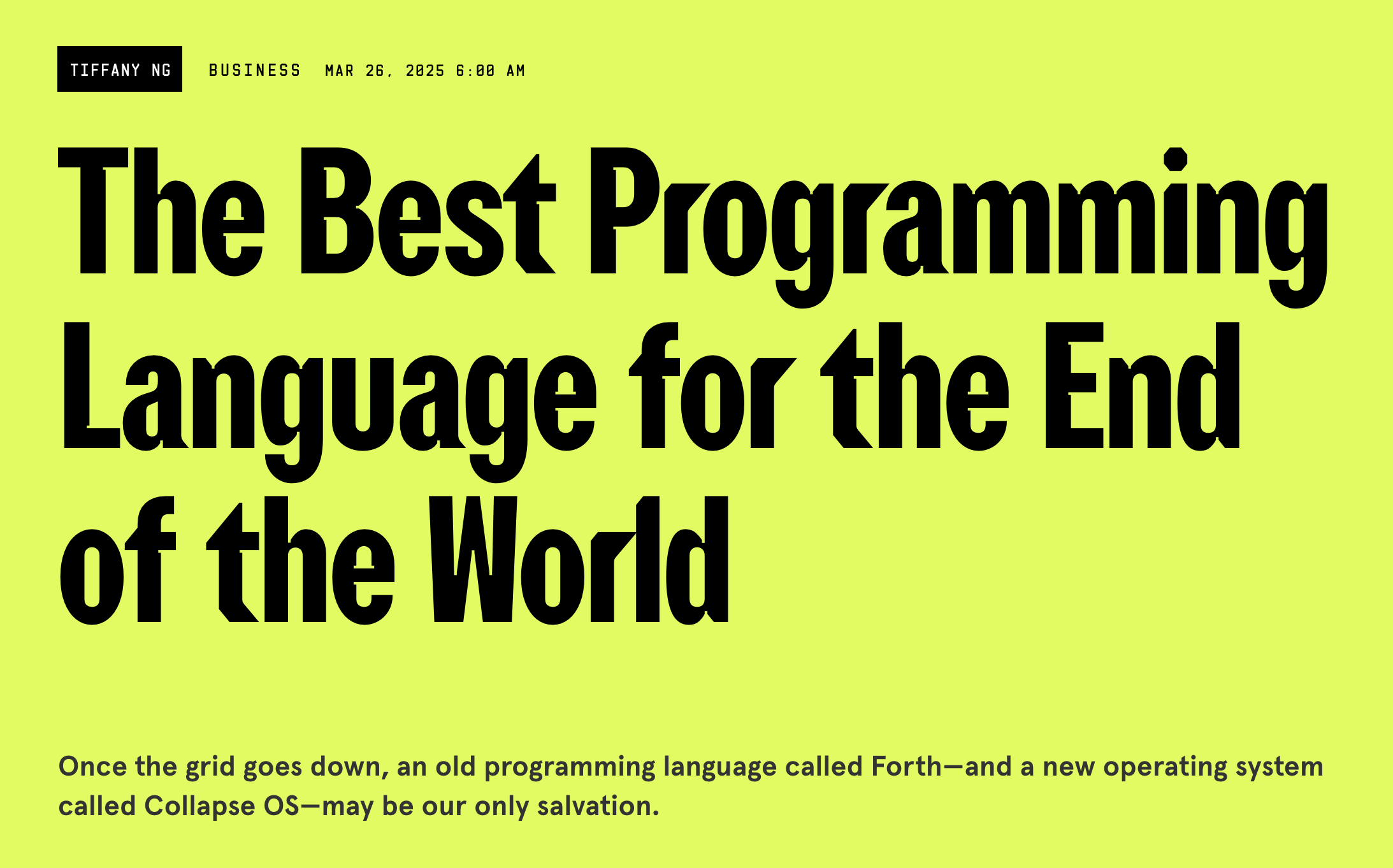 screenshot of a Wired story about permacomputing called "The Best Programming Language for the End of the World"