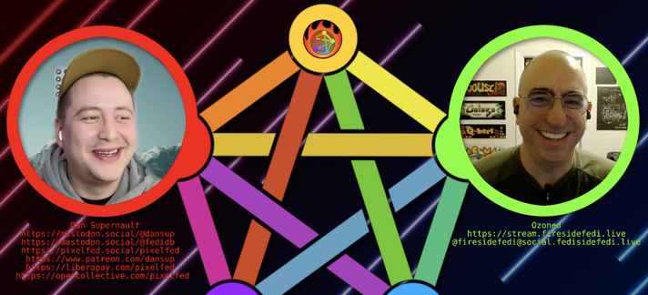 a screenshot of Dansup and the host of Fireside Fedi with the fediverse pentagram behind them
