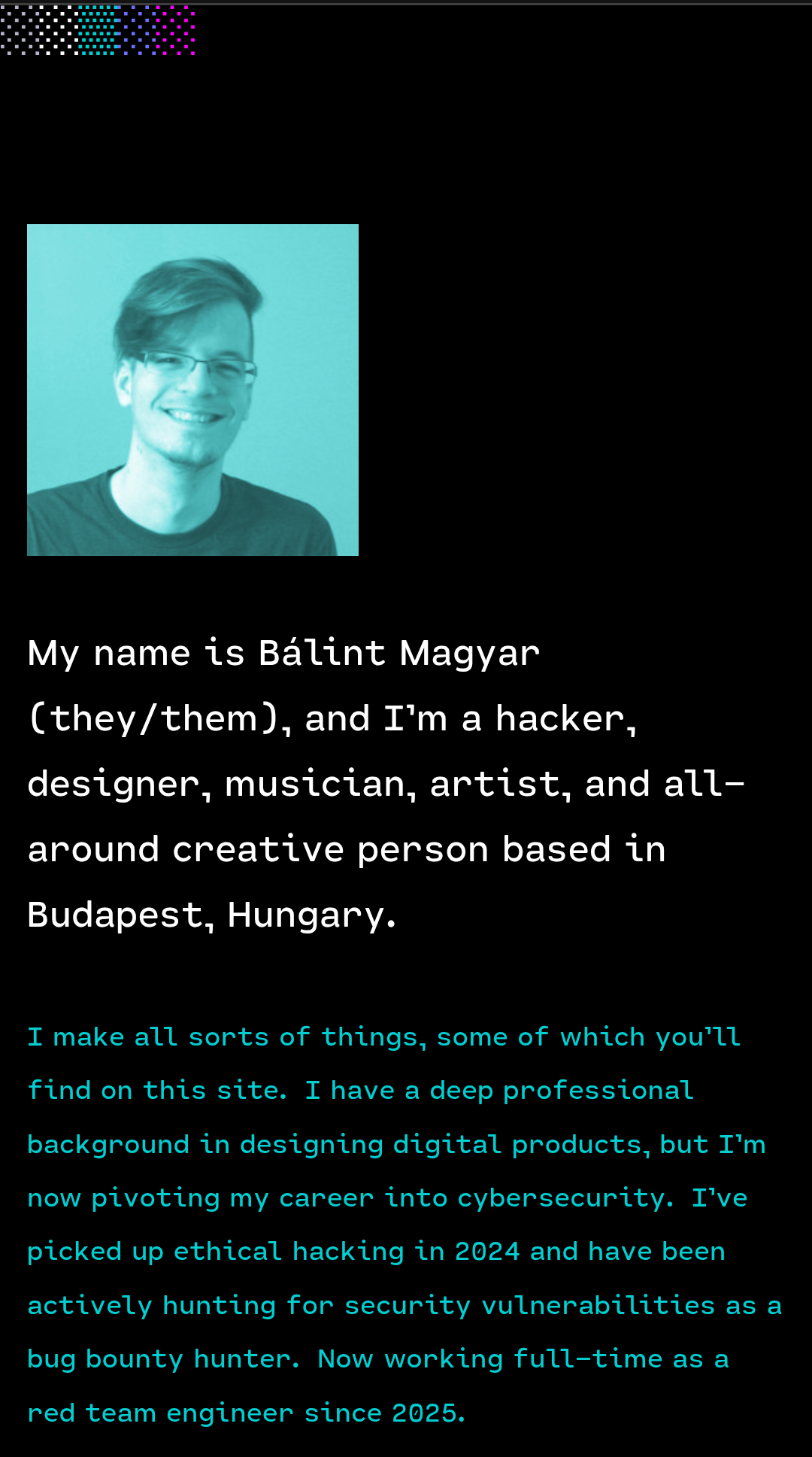 A screenshot of balintmagyar.com's teal theme