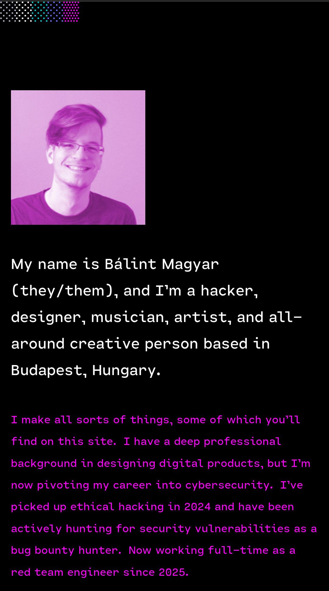 A screenshot of balintmagyar.com's pink theme
