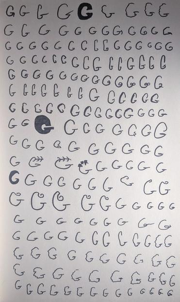 A page of G's written with a pen 