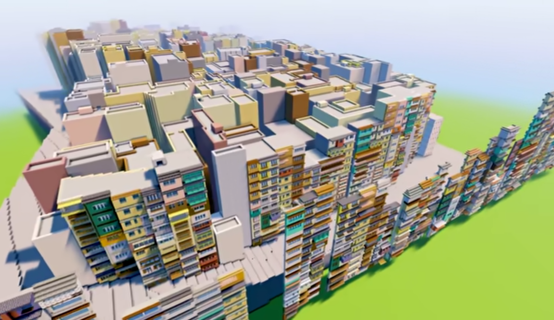 A screenshot of Kowloon Walled City modeled in Minecraft
