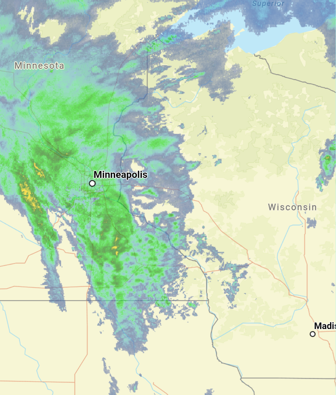 A map of the Midwest USA with a big green storm on top