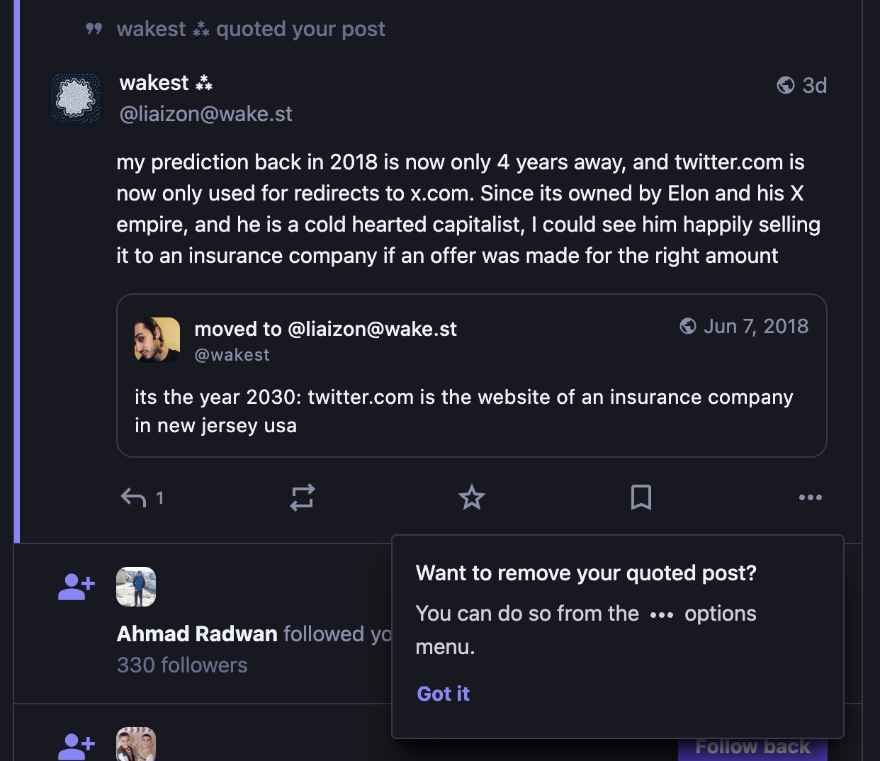 a screenshot of mastodon.social showing a popup telling me how to remove my quote from a quote post