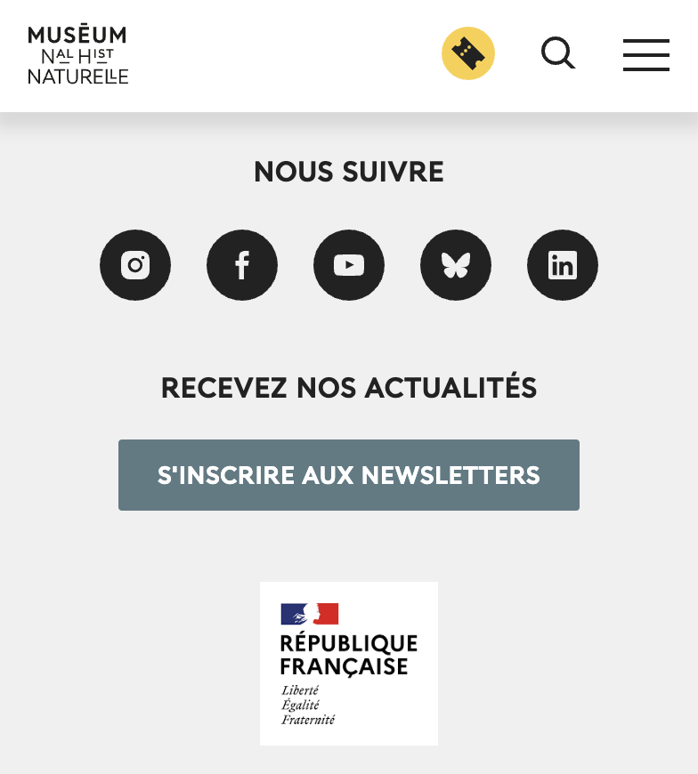 a screenshot of the website mnhn.fr showing social media links with no mastodon link