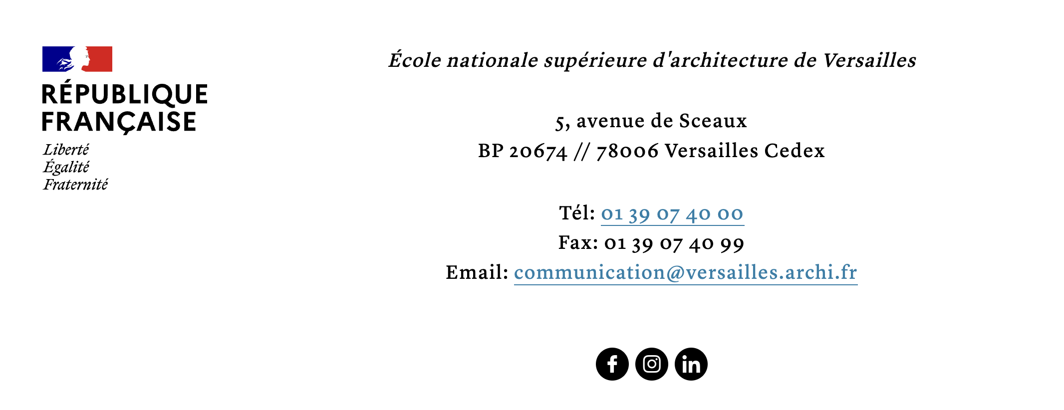 a screenshot of https://www.versailles.archi.fr/en showing that they only have links to Facebook, Instagram and LinkedIn