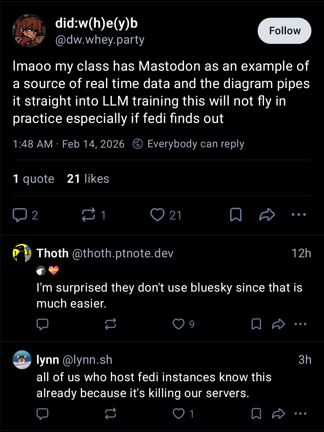 A screenshot of a bluesky post talking about a class where they were piping a mastodon feed into an LLM