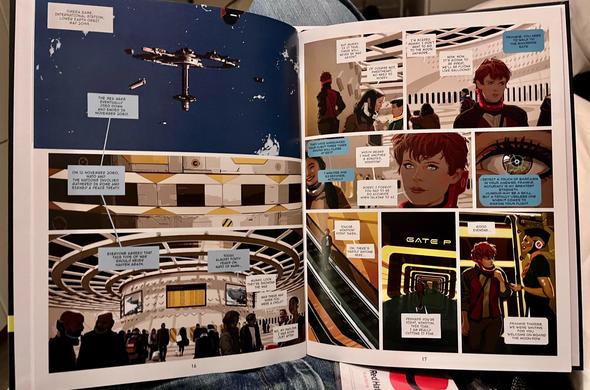 Inside the NATO 2099 graphic novel. Panels showing a space station and other science fiction things