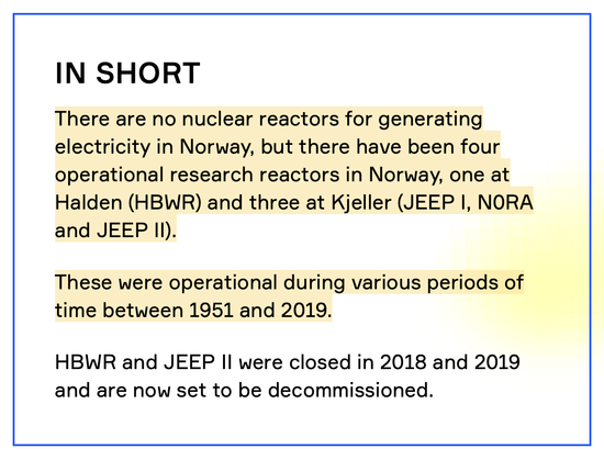 IN SHORT

There are no nuclear reactors for generating electricity in Norway, but there have been four operational research reactors in Norway, one at Halden (HBWR) and three at Kjeller (JEEP |, NORA and JEEP II).

These were operational during various periods of time between 1951 and 2019.

HBWR and JEEP Il were closed in 2018 and 2019 and are now set to be decommissioned. 