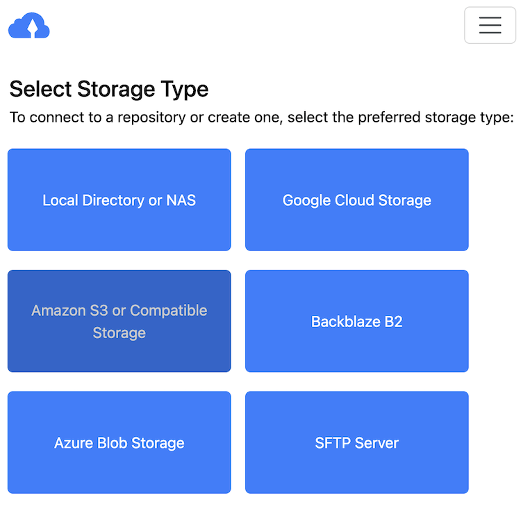 Screenshot of storage type setup for Kopia