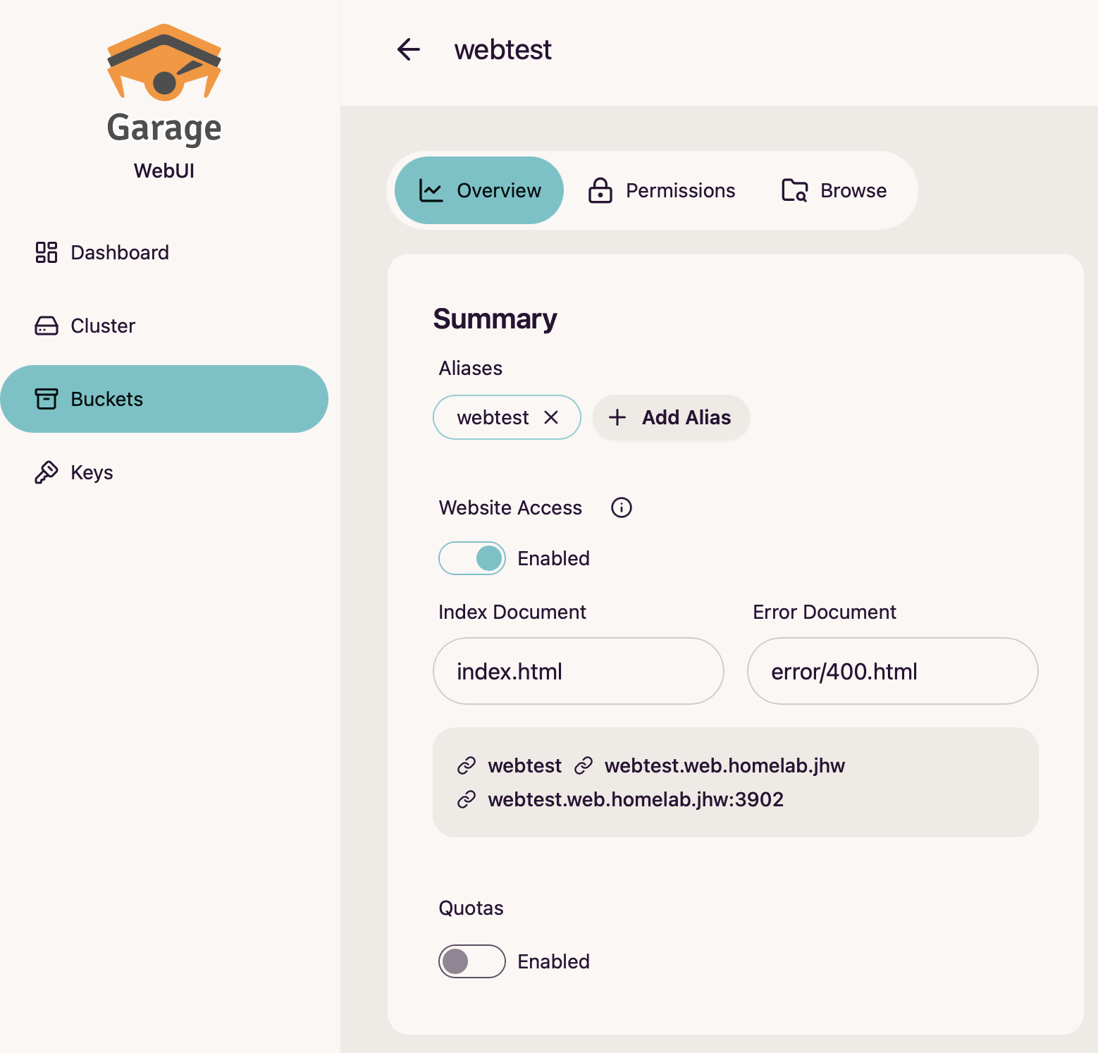 Screenshot from the garage-webui, showing the webtest S3 bucket with website access enabled.