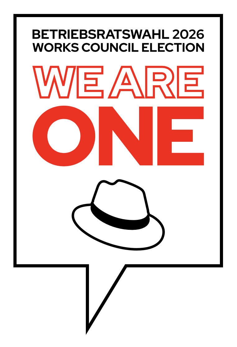 Aufkleber in Form einer Sprechblase mit Betriebsratswahl/Works Council Election 2026 für die Liste namens "One Red Hat".