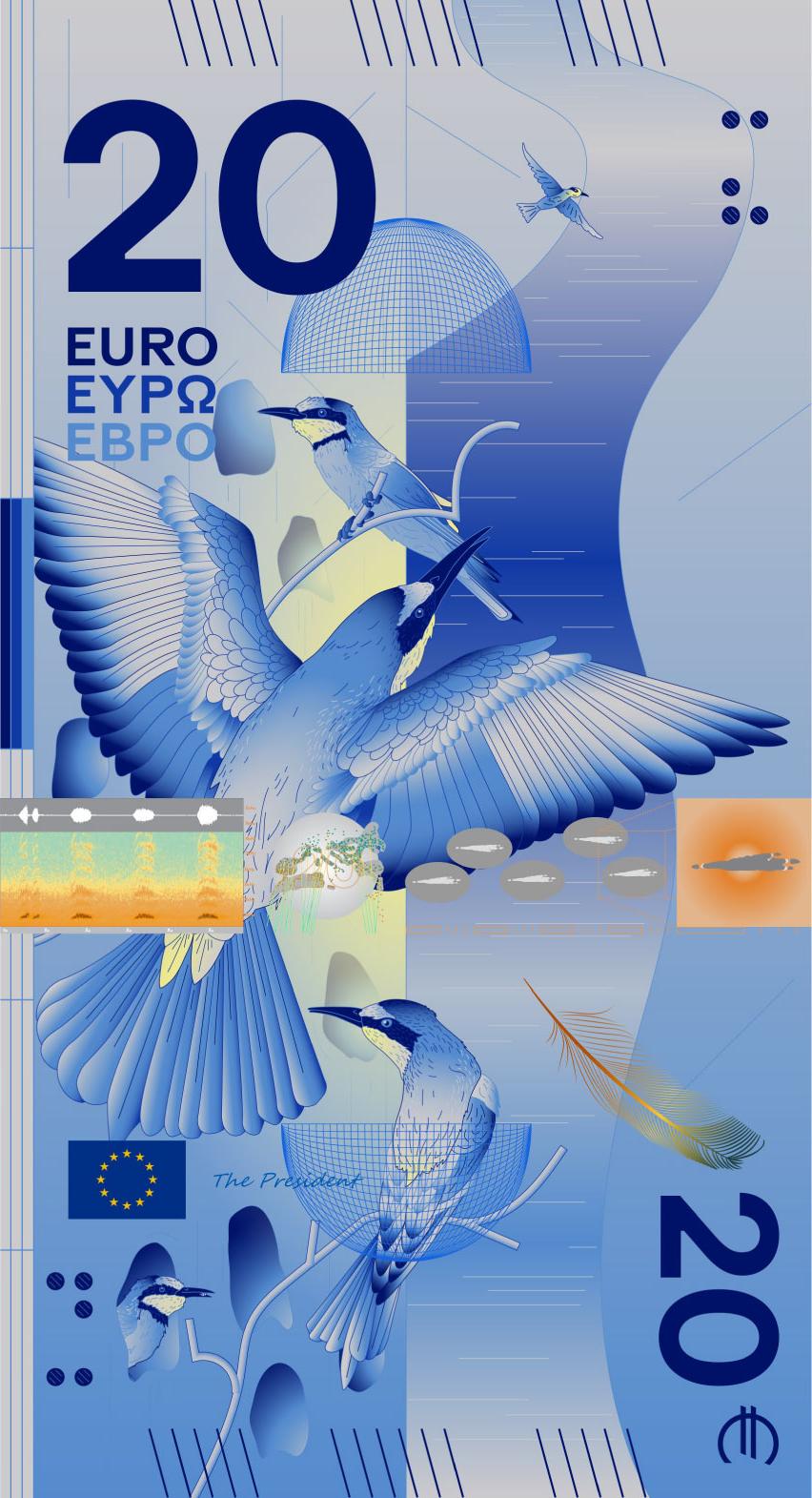 A 20 Euro note design proposal from Rudy Guedj and François Girard-Meunier

Six birds appear within abstracted landscapes, connected by the continuous journey of a river, from a mountain source to a stormy sea. Light accompanies this progression, evolving from a soft presence into a dynamic, incisive force with symbolic resonance. The scenes invite close inspection, placing the viewer in the position of a birdwatcher, gathering traces of each species. On the reverse, EU institutions are expressed through human gestures and a morphing fabric-like mesh. Hands hold, stabilise, align and debate, suggesting cooperation in action, while light radiates from each building across the EU territory.