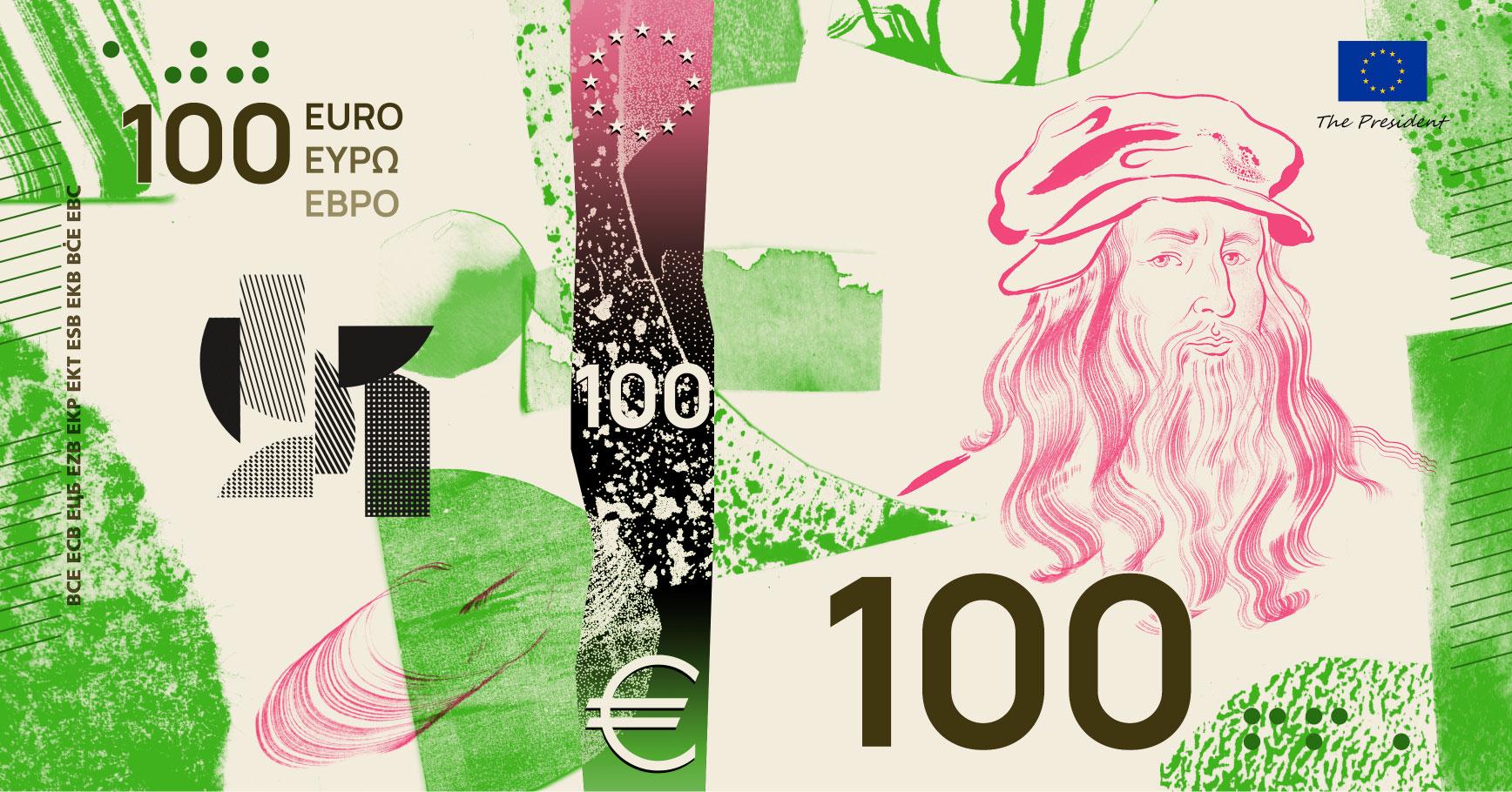 A 100 Euro Banknote design proposal from Jan Robert Dünnweller

The design aims to illustrate the official motto of the EU – "United in diversity". Europe is united by a rich shared cultural history and heritage, represented by the portraits of iconic European figures. It is united by shared values and a sense of belonging, strengthened by the diversity of cultural identities. This diversity is visualised in a collage through a multitude of forms and textures that together create a new whole, uniting these different elements. The collage forms the background for the hand-drawn portraits and depictions of shared cultural spaces as concrete manifestations of these ideas.